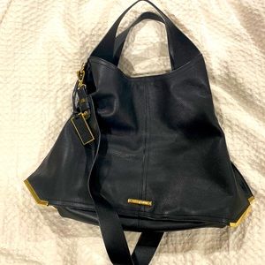 New Vince Camuto genuine black leather bag w gold plate large